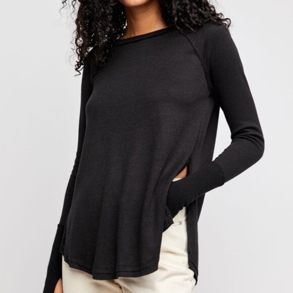 Free People Snowy Thermal Top Long Sleeve Shirt Black Size Small - Picture 1 of 15